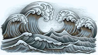 Powerful ocean waves with whitecaps and a surfer riding a massive swell.