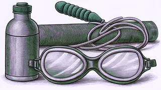 A pair of swim goggles, a jump rope with a ridged handle, a rolled mat and a water bottle sit together.
