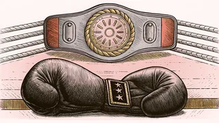 A boxing glove and championship belt sit on a boxing ring canvas floor.