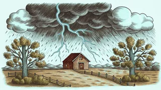 Lightning bolt striking ground during thunderstorm with heavy rain and hail
