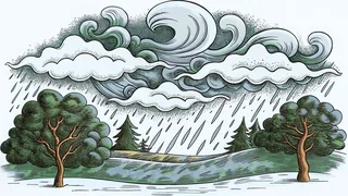 A dramatic sky with towering clouds, falling rain, and wind-swept trees.