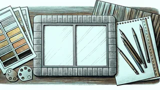 A drafting table holding blank layout sketches, colour chips and pencils.