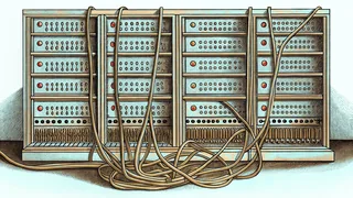A server rack with blinking lights sits beside tangled network cables and a router.