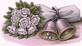 A sparkling diamond ring gleams atop a white bridal bouquet next to golden wedding bells.