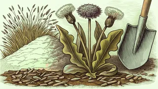 Common garden weeds including yellow dandelion and purple thistle with gardening hoe and mulch.