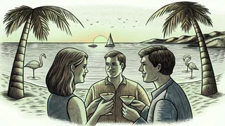 Friends enjoying sunset margaritas on a beach with flamingos, a pontoon boat, and swimming activities nearby.