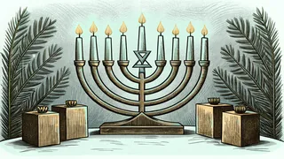 Holiday lights shimmer alongside a glowing menorah and flickering candles at a winter celebration.