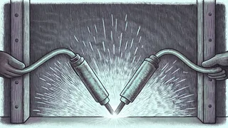 A welding torch creating a bright arc while joining steel plates.