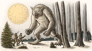 A fierce werewolf howling under a full moon in a wild forest.