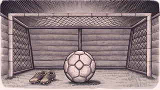 A soccer ball rests on green grass beside a goal net and sports cleats.