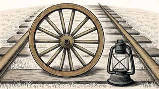 A wagon wheel and lantern sit beside railroad tracks crossing an open prairie.