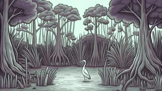 Wetland environment with wading birds, reeds, mangrove trees, and still water.