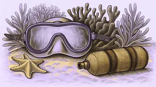 A scuba mask and an air tank rest on sandy sea floor beside a starfish and tall coral and seaweed.