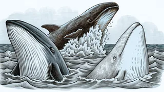 Whales breaching from the ocean showing blowholes, flukes, and family pods.