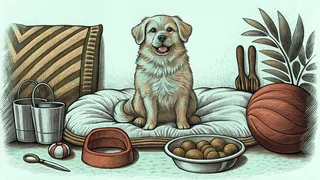 A content dog surrounded by essential care items including toys, food, and bedding