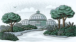 An aircraft display features a monument overlooking botanical gardens and prairie landscapes