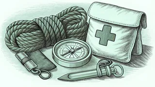 Essential camping and survival supplies laid out for inspection