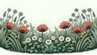 Meadow ablaze with wildflowers: red poppies, purple lupines, golden rod, and pink clover.