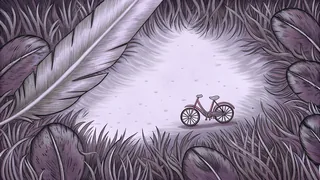 A small bicycle stands in a bright clearing beside a large feather, surrounded by tall grass and broad leaves.