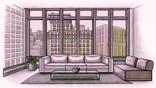 A contemporary apartment interior shows a sofa before tall city-view windows.