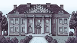 A historic mansion estate features manicured gardens and a river flowing through wooded grounds