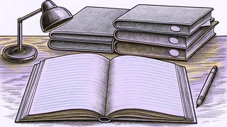 An open blank notebook rests on a school desk beside a pencil, eraser, and reading lamp.