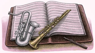 A brass trumpet stands beside a silver saxophone and wooden flute on a velvet concert mat.