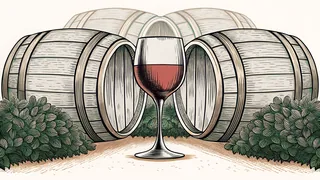 A glass of deep red wine beside wooden oak aging barrels.