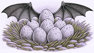 A clutch of eggs hatches inside a stone cavern as talons and a scaled wing loom nearby.