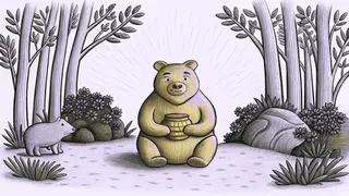 A golden bear sits in the forest with a honey pot and small pig.