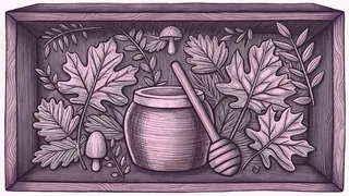 A honey pot with wooden dipper sits beside autumn leaves and forest mushrooms in a woodland diorama.