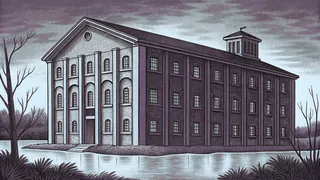 A historic brick warehouse reflected in the peaceful Salem Lake waters.
