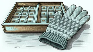 A knitted mitten beside a wooden game board divided into squares.