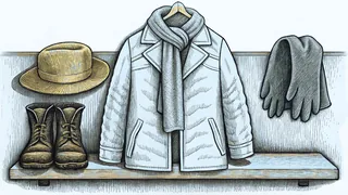 Winter clothing including coat, boots, hat, scarf, and gloves on display