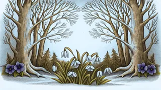Snowdrops and pansies bloom bravely through winter frost and ice.