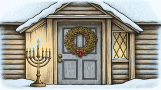 A holly wreath and a lit menorah frame the door of a snow-covered cottage.