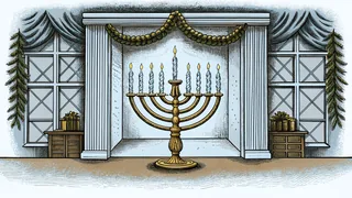 Holiday room decorated with fireplace, menorah, garland, and feast table.