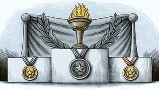 Gold and silver medals gleam on a winners' podium beneath a burning olympic torch.