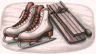 A pair of ice skates sits on fresh snow beside a wooden bobsled with racing skis.