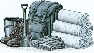 Winter preparedness items spread out: boots, blankets, flashlight, and a shovel.