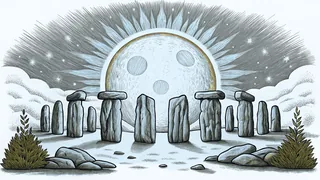 Earth tilted away from the sun at winter solstice with Stonehenge monuments dark against a starry sky.