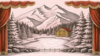 A winter landscape with skiers, sledding, and a curling rink.