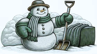 A snowman wears a jaunty scarf and gloves in winter snow.