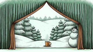 Snowy scene with snowman, sleigh, and warm mug of hot cocoa amid glistening icicles