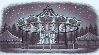A festive carousel twirls beside an icy rink in winter wonderland.