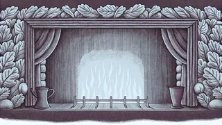 A crackling fireplace warms a cozy room on a winter evening.