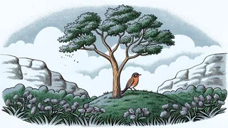 A robin sings from a sugar maple above wildflower meadows and rocky dells.