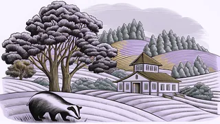 A Wisconsin landscape features rolling green hills with a cheese shop building and a badger statue in the meadow.