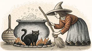 A witch brewing potions with her black cat beside a glowing cauldron.