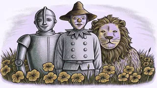 A scarecrow, tin man, and lion stand together in a field of golden poppies.